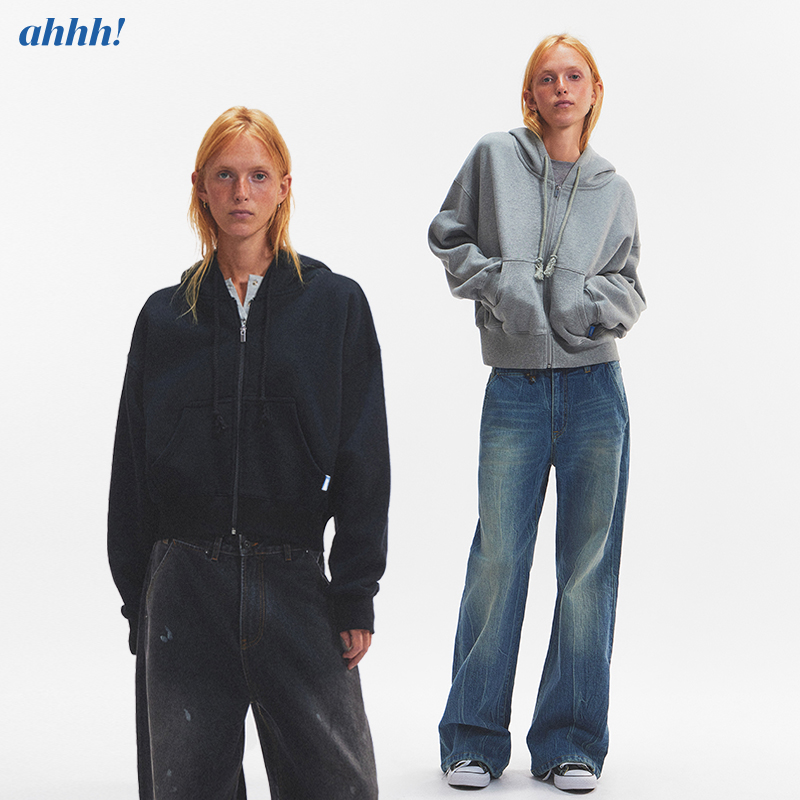 Ahhh 早秋复古美式百搭休闲慵懒修身短款长袖连帽卫衣开衫外套女