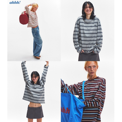 Ahhh【周笔畅同款】复古条纹撞色刺绣logo针织宽松显瘦长袖T恤女