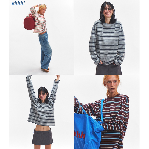 Ahhh【周笔畅同款】复古条纹撞色刺绣logo针织宽松显瘦长袖T恤女