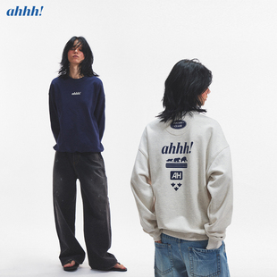 Ahhh 美式复古休闲LOGO植绒棉宽松慵懒无帽印花圆领卫衣长袖上衣