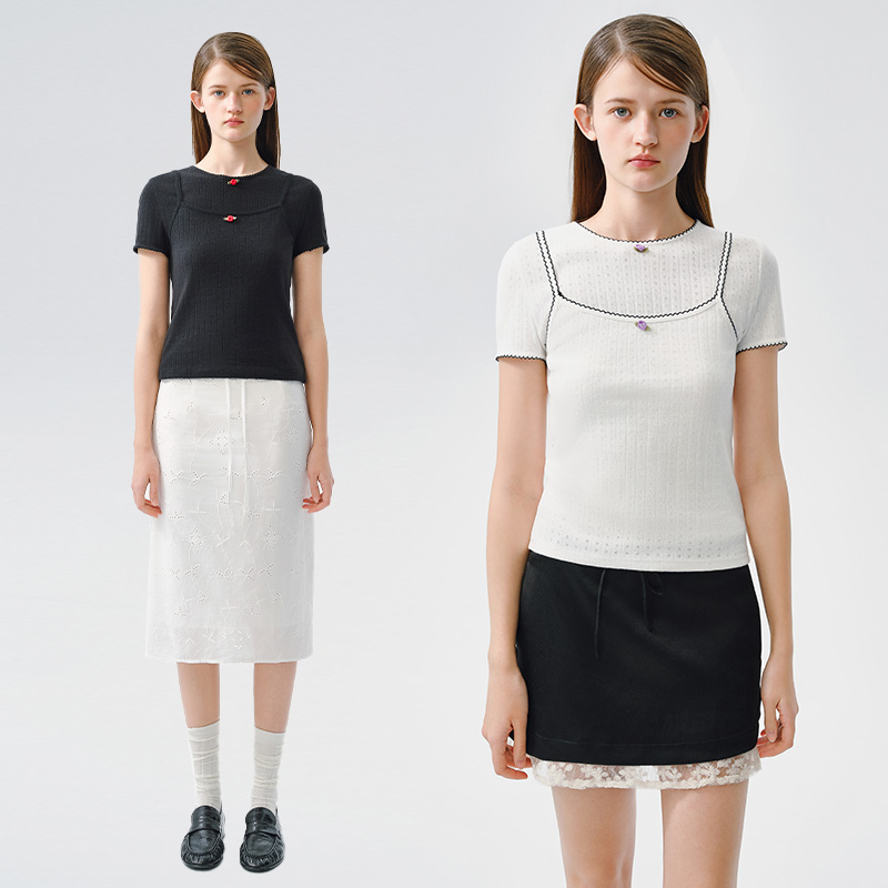 Ahhh 浅春系小花短袖T恤女夏季新款圆领正肩修身显瘦叠穿上衣