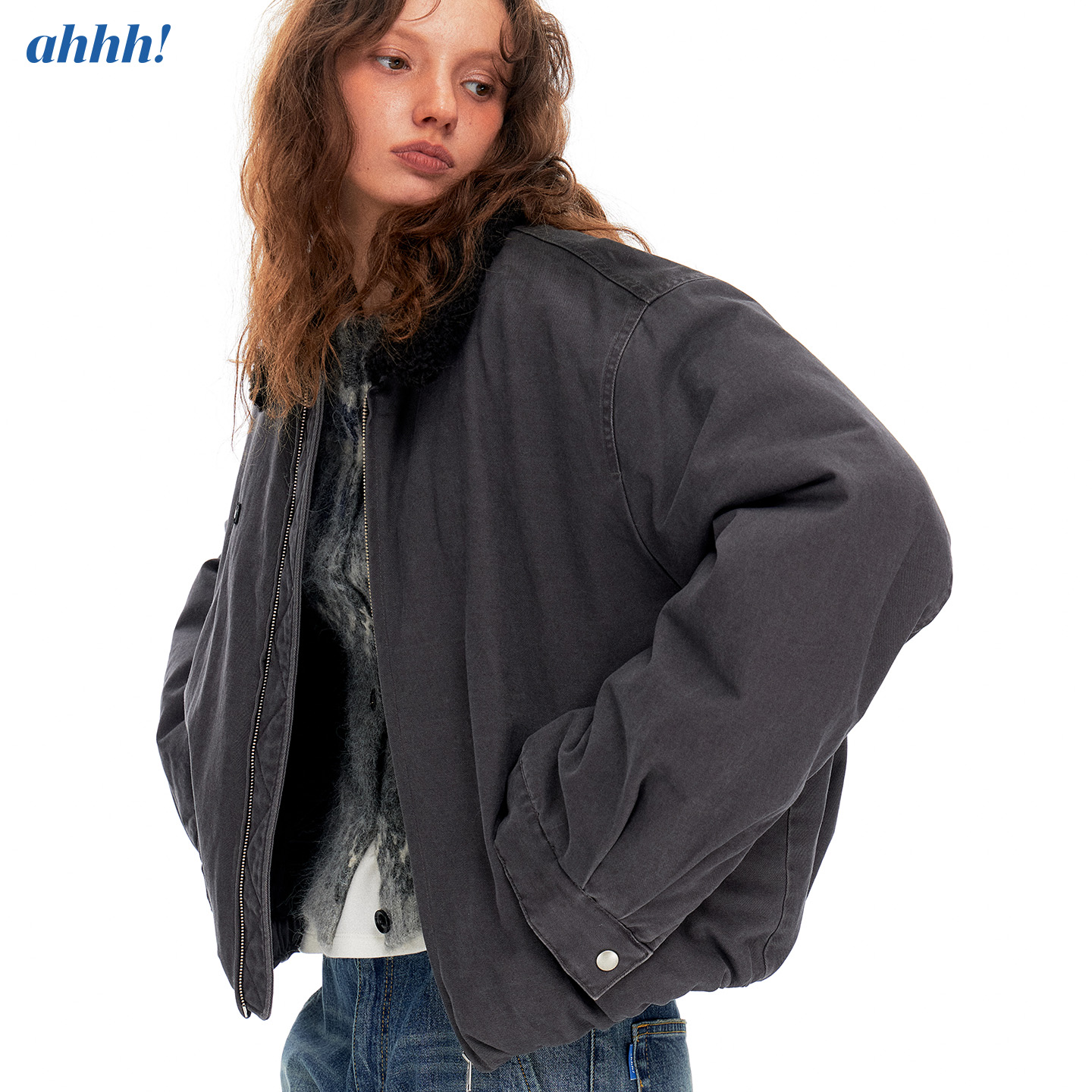 Ahhh 复古做旧水洗撞色领宽松保暖短款工装飞行员夹克棉服外套