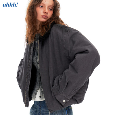 Ahhh 复古做旧水洗撞色领宽松保暖短款工装飞行员夹克棉服外套