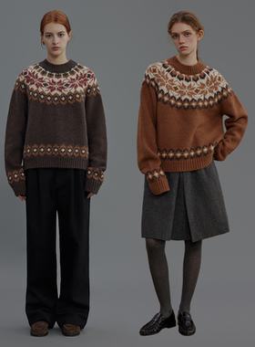 Ahhh 冬季美拉德复古提花慵懒费尔岛圆领羊毛套头针织衫毛衣女