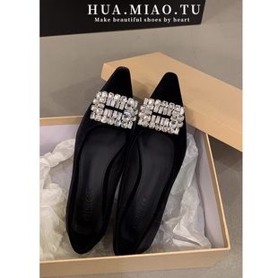 断码特价法式丝绒气质尖头单鞋女新款方扣水钻软平底低跟职业鞋