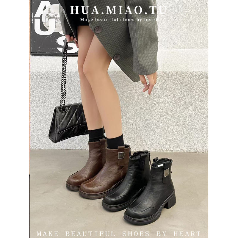 方头马丁靴女高粗跟加绒小个子短靴2024新款秋冬复古切尔西马丁靴