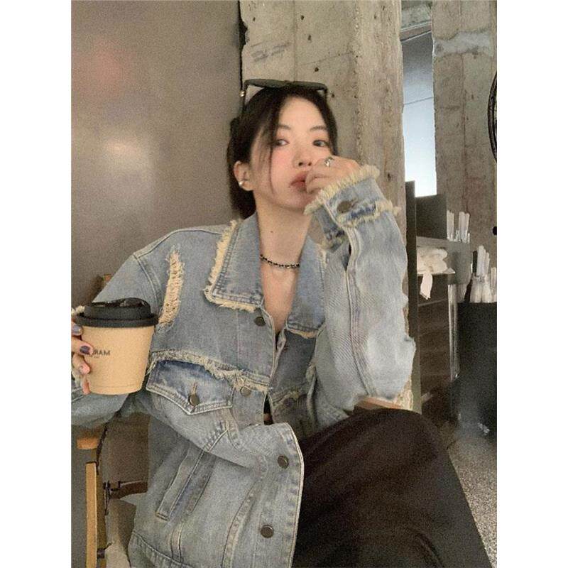 复古毛边做旧破洞牛仔外套女春秋宽松休闲百搭工装夹克上衣潮ins