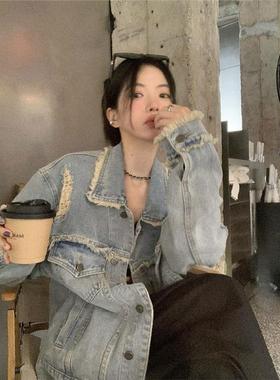 复古毛边做旧破洞牛仔外套女春秋宽松休闲百搭工装夹克上衣潮ins