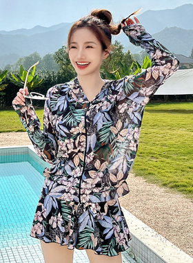 大码泳衣女罩衫保守长袖防晒海边度假三件套分体裙式显瘦遮肚温泉