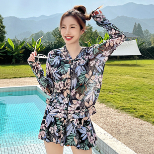 防晒海边度假三件套分体裙式 保守长袖 显瘦遮肚温泉 泳衣女罩衫 大码