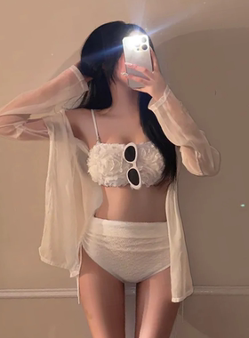 韩版2025新款泳衣女高级感纯色高腰比基尼三件套带罩衫显白海边装