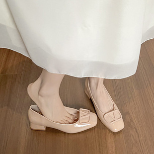 漆皮粗跟高跟鞋女2025年新款春秋气质名媛方头高级设计感小众单鞋