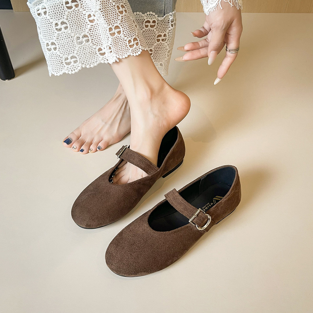 羊皮版法式复古平底鞋圆头一字扣带玛丽珍女鞋浅口绒面真皮单鞋女