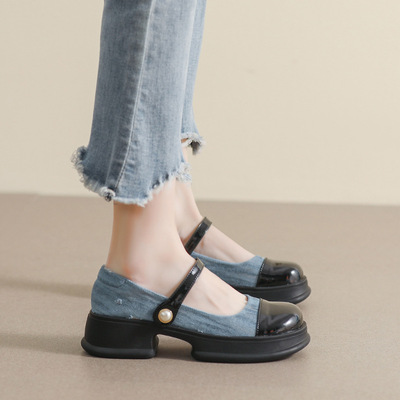 真皮圆头浅口厚底乐福鞋玛丽珍鞋