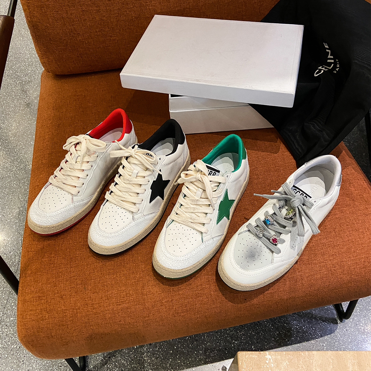 头层牛皮氧气少女做旧拼色星星板鞋平底彩钻小白鞋圆头系带脏脏鞋