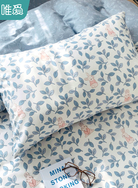 速发单园风全棉枕套一单装家用枕头套蓝色成人对个田人枕芯内胆套
