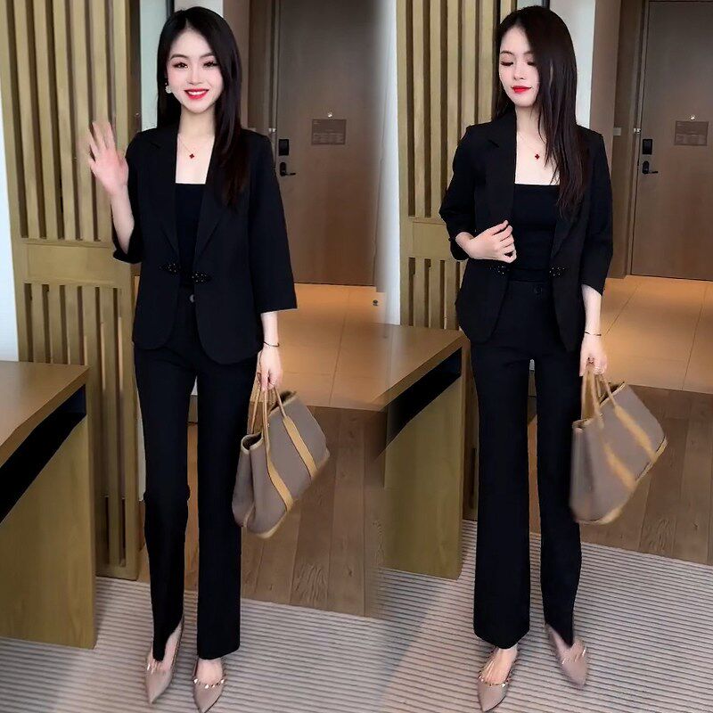 速发时新套装士款025春季尚2休闲小西服洋气小个子西服阔腿裤两件