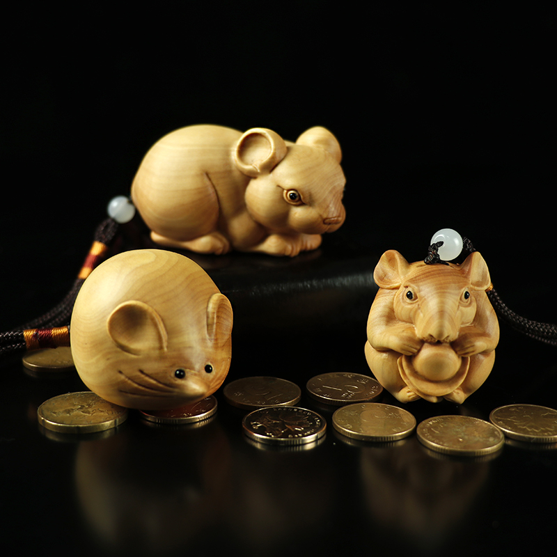 速发黄杨木雕十二生件老鼠辟式家居饰品把肖金钱鼠本命年中邪招财