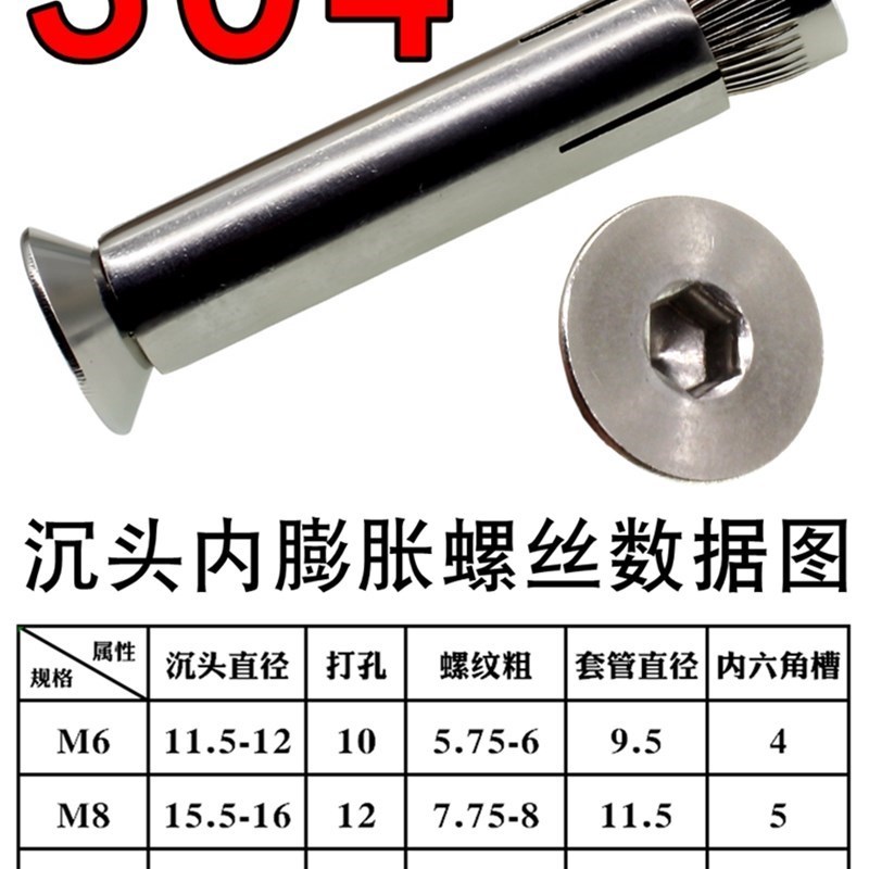 速发内丝角4内0爆膨胀螺六不锈钢zM6式膨胀螺栓超长沉头M8内置加