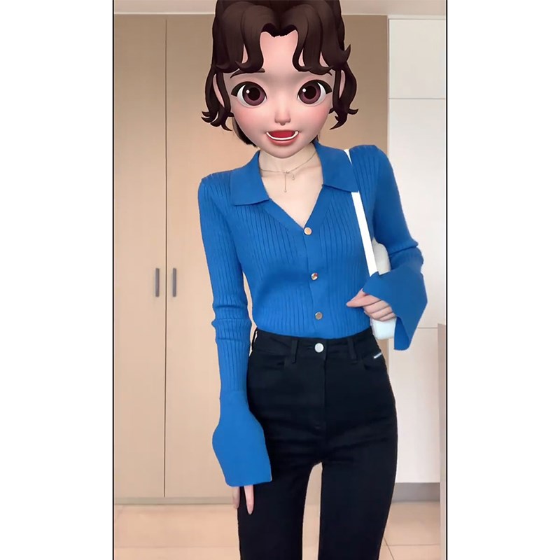 速发克莱因蓝v领翻领针织开搭春秋秋冬毛衣内衫打底长衫袖上衣