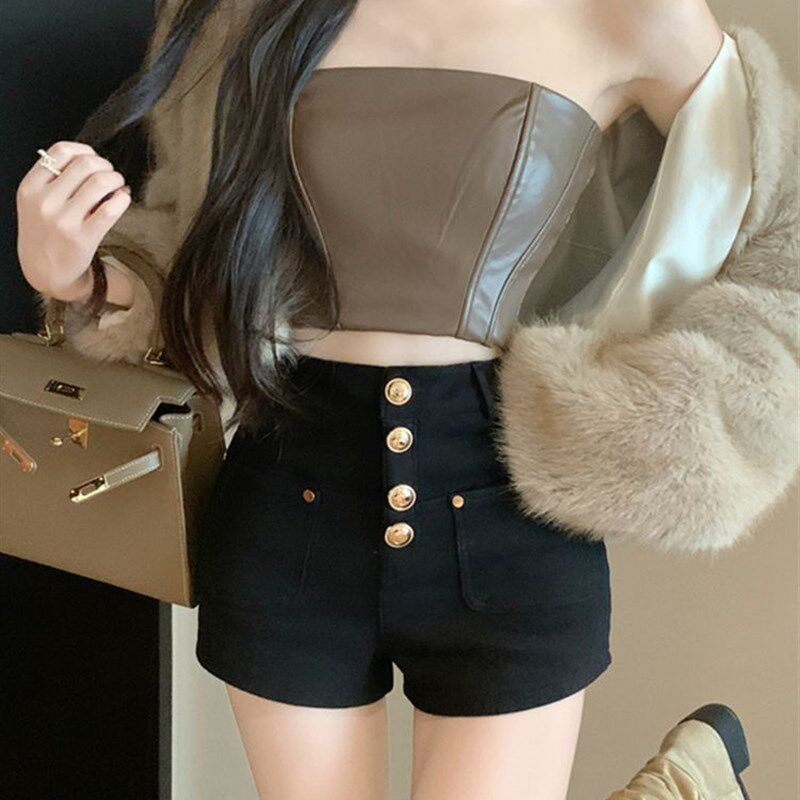 速发高腰牛仔裤冬设计感小众外穿直筒裤百子搭简约纽扣阔腿短裤