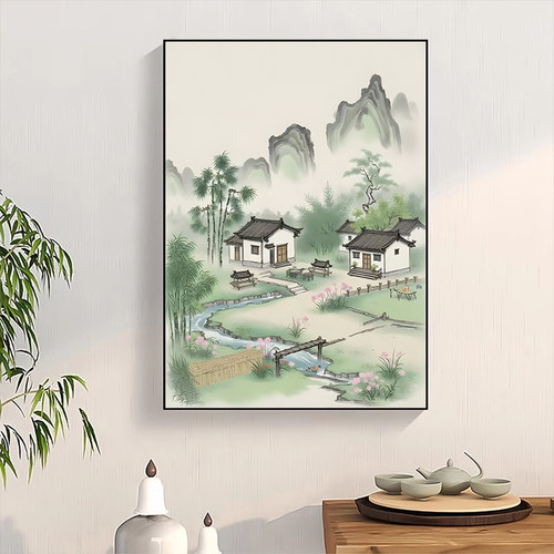 新中式玄关装饰画竖版进门走廊尽头挂画现代简约过道轻奢山水壁画