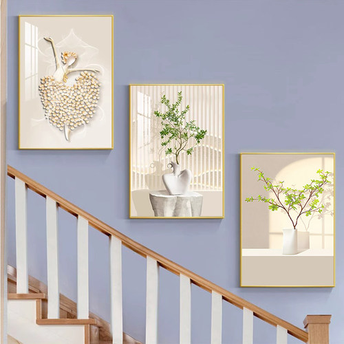 走廊过道装饰画楼梯口绿植墙面挂画现代简约沙发背景三联高档壁画