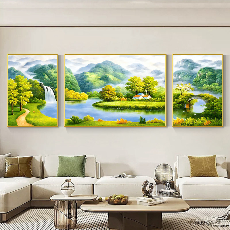 日照金山客厅装饰画源远流长三联挂画山水风景油画沙发背景墙壁画