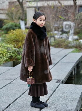 TOUKIDS2025新款儿童暗棕环保母貂毛毛皮草外套