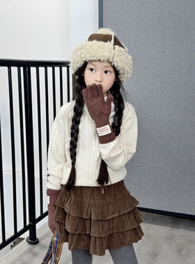 TOUKIDS2025新款儿童秋冬奶白色灰色绵羊毛针织毛衣宽松慵懒风