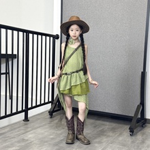TOUKIDS2025新款夏季女童绿色不规则吊带裙洋气时尚百搭休闲裙子