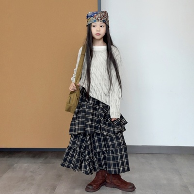 TOUKIDS深咖不规则格子蛋糕裙