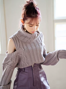 2023日系甜美百搭高领小心机露肩纯色短款 GRL春季 新款 针织上衣