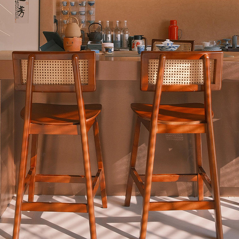 藤编吧台椅实木商用岛台靠背高脚凳子日式复古民宿前台酒吧餐椅子