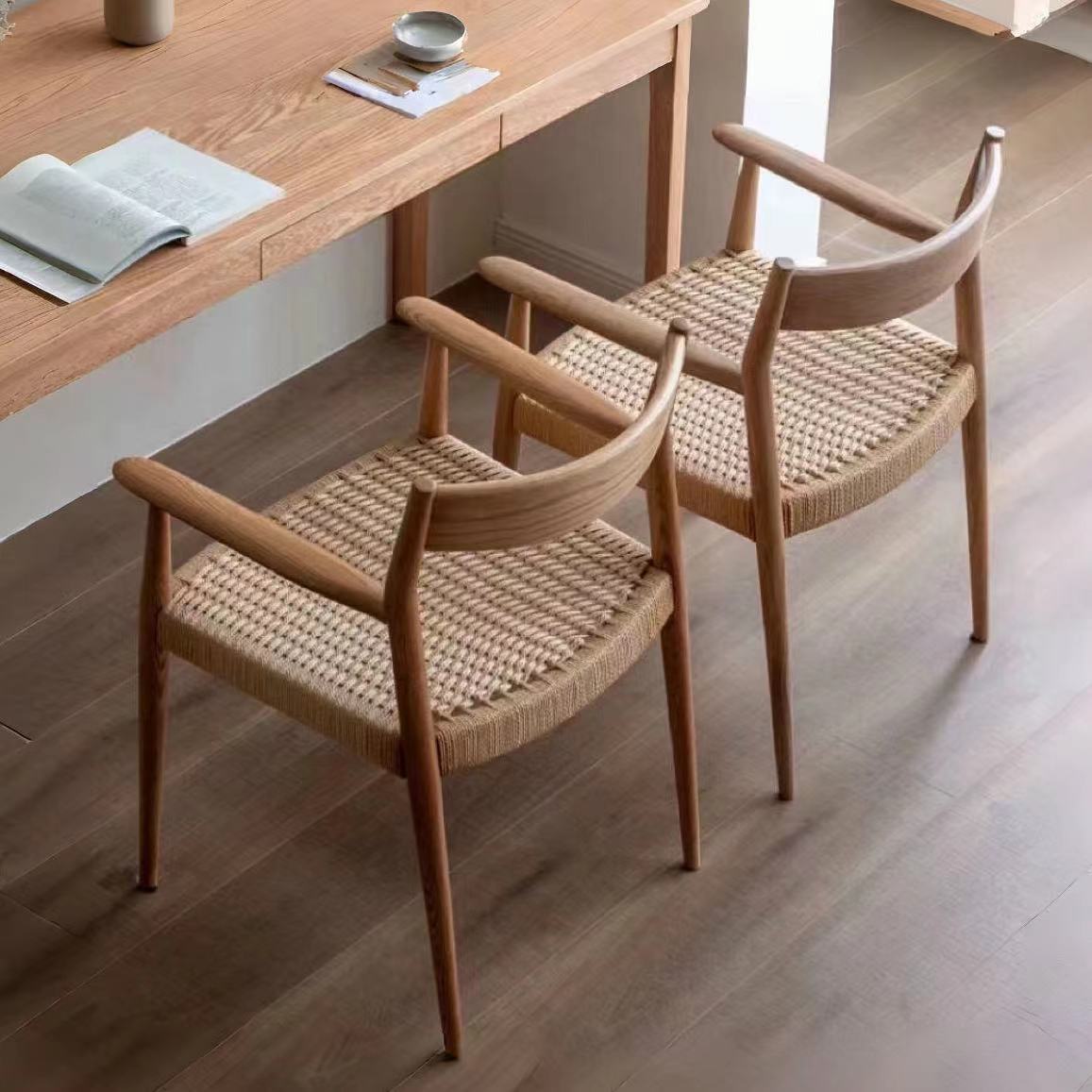北欧实木船桨椅藤编椅子靠背椅简约复古扶手书桌椅侘寂风绳编餐椅
