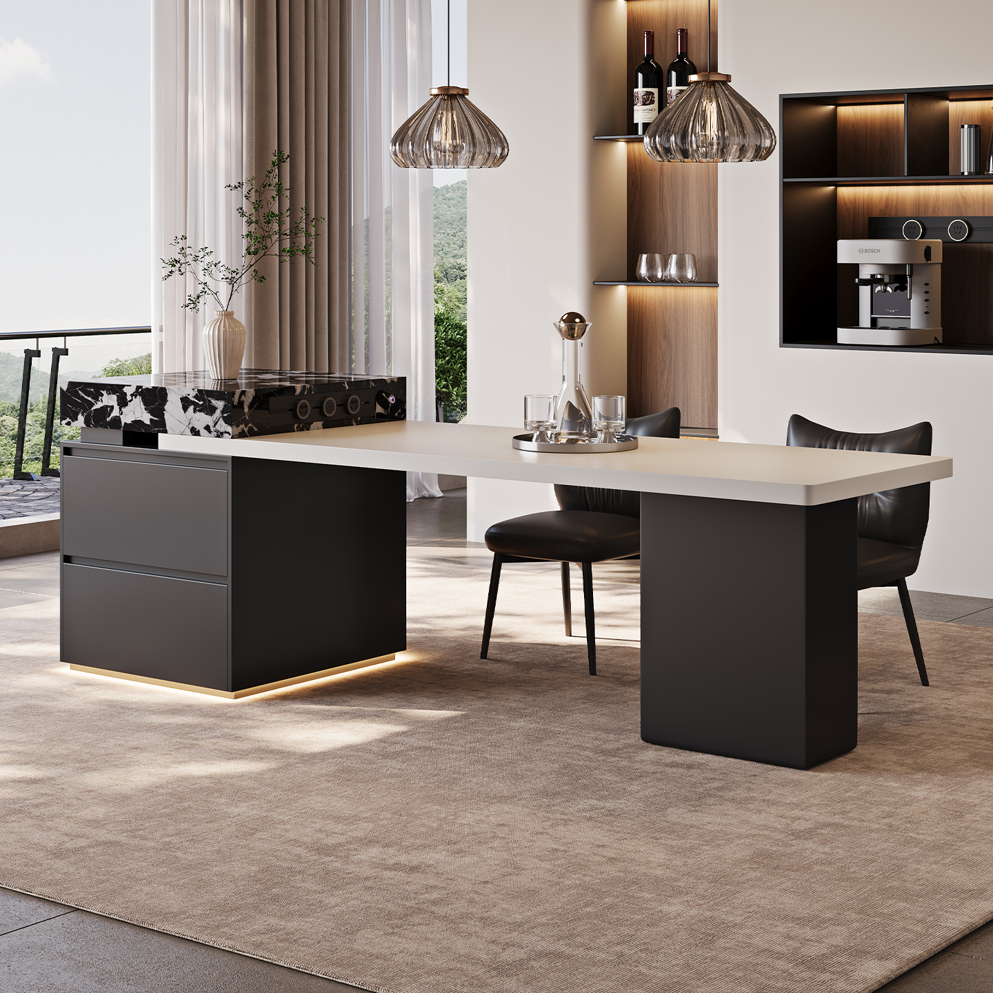 意式岛台餐桌一体家用可伸缩高端小户型洞石岩板覆古倒台2025新款