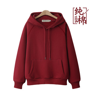 宽松ins学院风 100%纯棉重磅加绒加厚简约纯色连帽卫衣女秋冬季