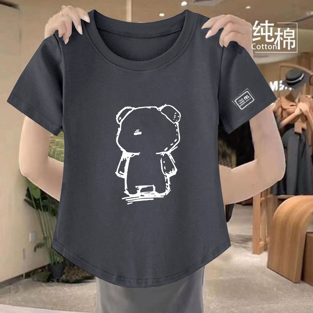 纯棉短袖t恤女ins正肩夏季新款不规则宽松显瘦打底衫弧形下摆上衣