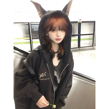 美式杜宾犬卫衣女春秋薄款宽松开衫连帽oversize潮牌休闲情侣外套