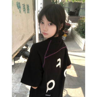 纯棉半袖 美式 宽松小众设计感情侣款 高街撞色线短袖 上衣 t恤女夏季