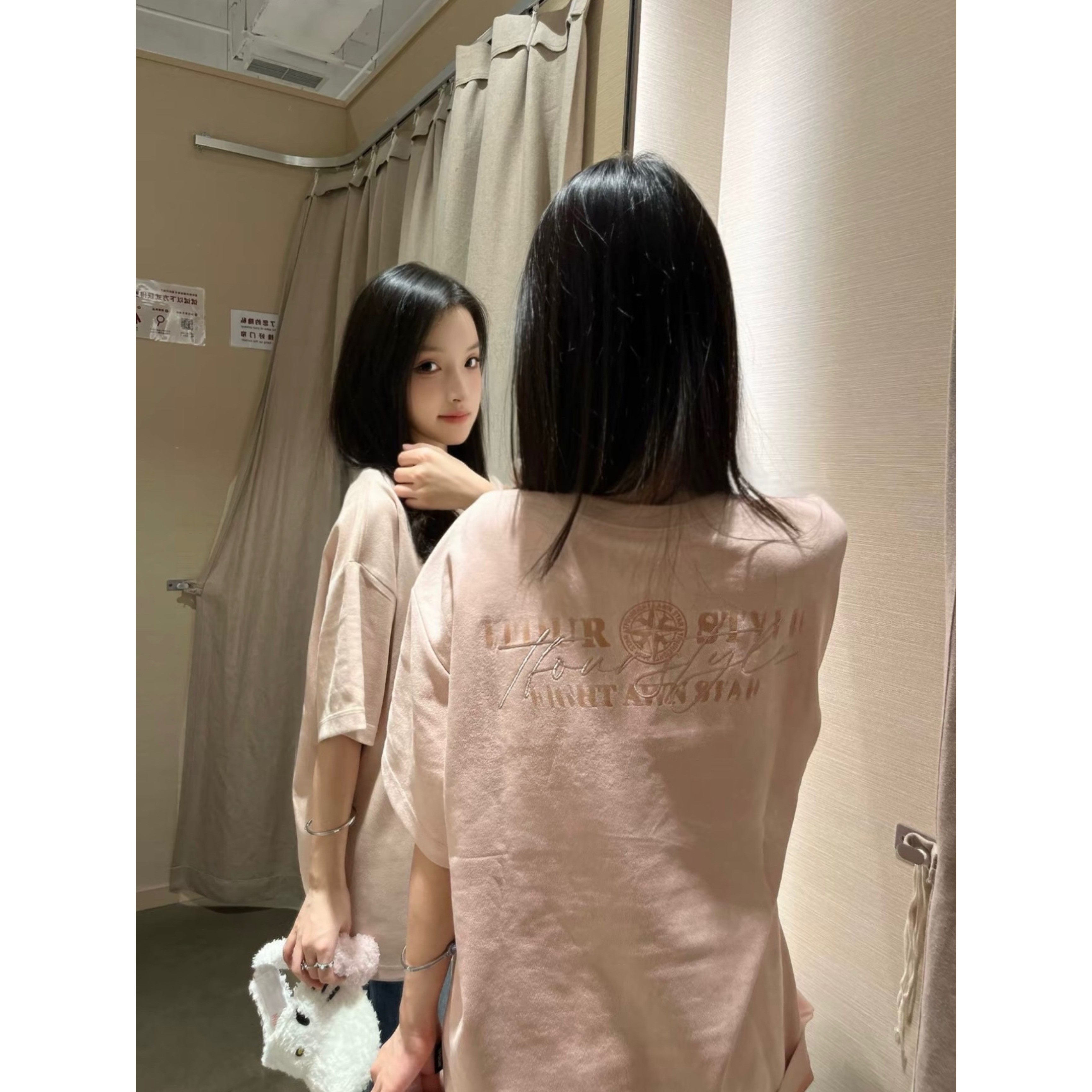 粉色麂皮绒刺绣字母短袖t恤女夏