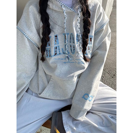 美式潮牌浅蓝刺绣卫衣女春秋宽松薄款oversize设计感小众连帽外套
