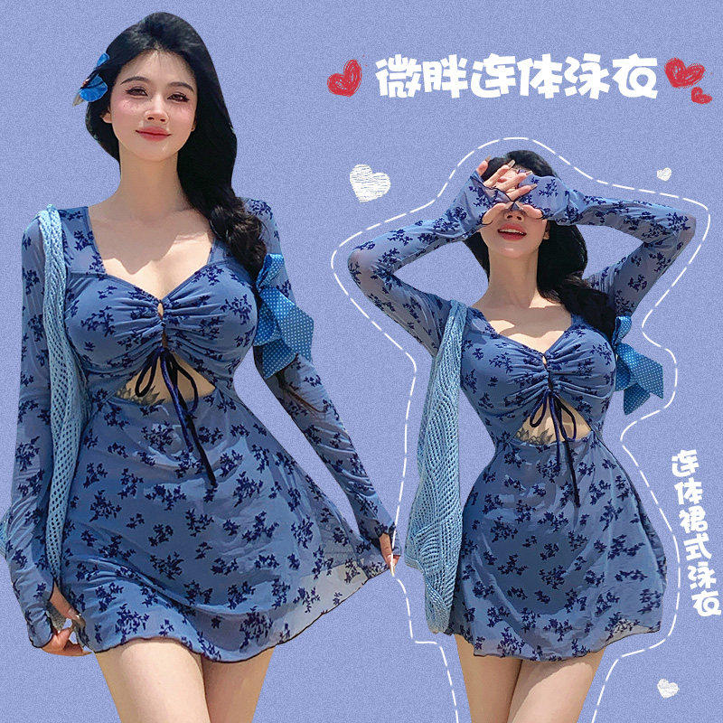 泳衣女款大码胖mm性感连体裙式长袖遮肚肉显瘦保守泡温泉微胖女孩