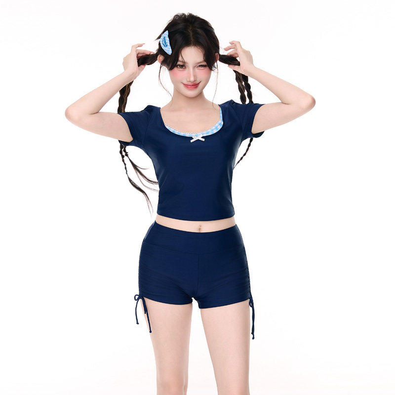 纯欲少女风分体泳衣平角保守短袖背心初中生游泳馆显瘦温泉2026款