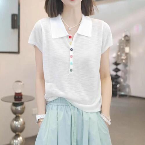 大码薄款冰丝针织短袖t恤女夏季新款彩扣polo领设计小众减龄上衣