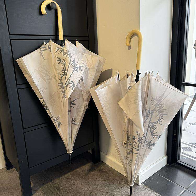 中式诗意劲竹长柄伞女自动雨伞晴雨两用直杆伞加固抗风结实弯柄伞