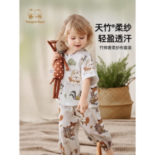 薄空调房 竹纤维纱布睡衣男女儿童短袖 全棉纯棉宝宝家居服套装 新款