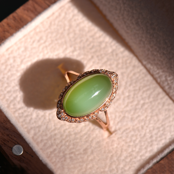 猫叔戒指和田玉碧玉猫眼18k金镶