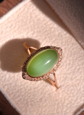 猫叔戒指和田玉碧玉猫眼18k金镶