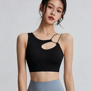 运动内衣女带胸垫不对称肩带个性镂空设计防震可外穿文胸瑜伽背心